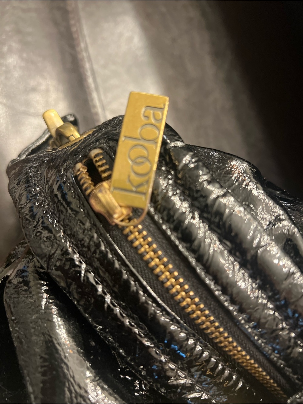 Vintage Kooba Black Crinkled Patent Leather Hobo Shoulder Bag - Gold Hardware - Picture 11 of 16